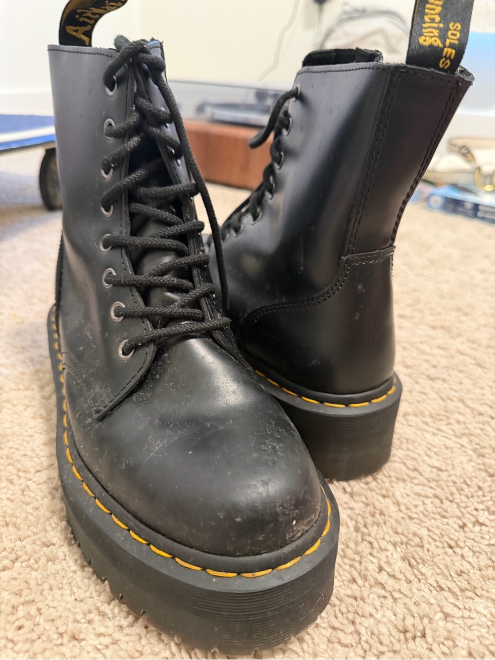 Dr. Martens Black Leather Platform Lace-Up Boots with Yellow Welt Stitching